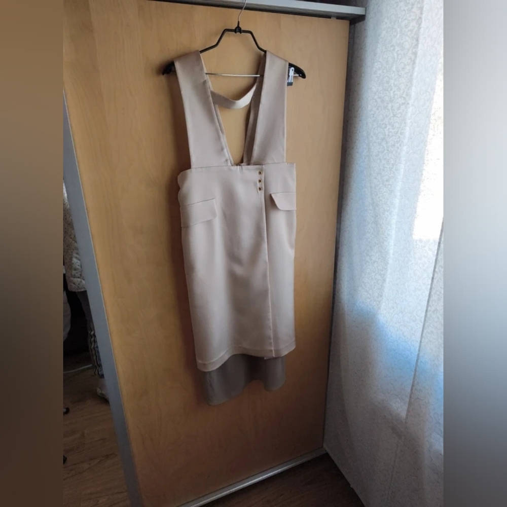 Sleeveless Beige Pinafore Dress with Button Detail